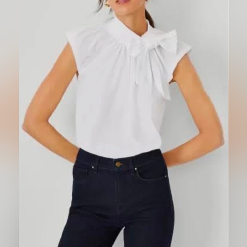 Nwt Ann Taylor Women's Bow Tie Blouse White Sz M